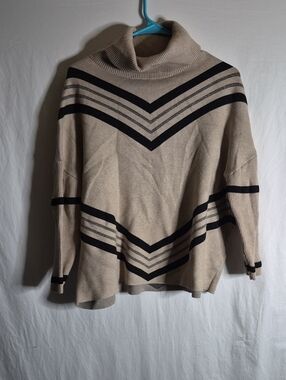 Cozy Cowl-Neck Stripe Sweater in Beige and Black